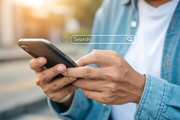 Fototapeta premium Person using smartphone with search bar overlay for online information