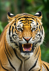 Fototapeta premium Malayan Tiger Close-Up Roaring in the Jungle. Malaysia National Day. Malaysia Day