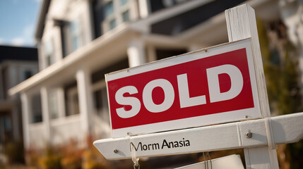 Homeownership and real estate concepts shown by sold sign in front of recently sold suburban house