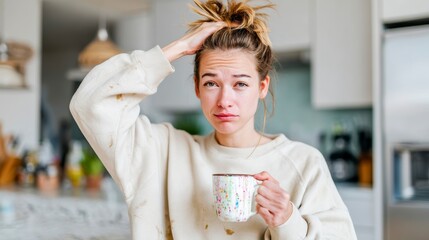A Young Woman in a Cozy Sweater Holding a Mug of Coffee or Tea, Looking Tired and Disheveled in a Bright Morning Kitchen Setting