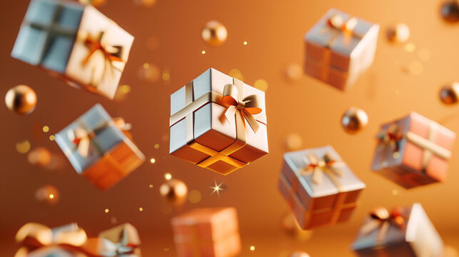 Festive orange presents float with gold accents. Creates bokeh effect. Ideal for holiday branding, marketing, or social media graphics.