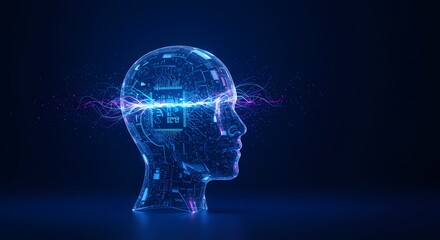 Abstract Art of Sci-Fi Human Brain Surrounded by Blue Digital Lights