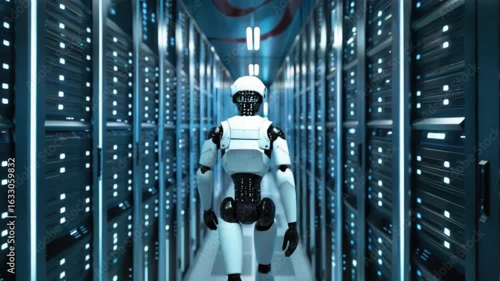 Poster futuristic robot in high-tech data center surrounded by rows of servers and blue light ambiance 4k v