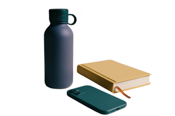 A still life arrangement of a water bottle, book, and smartphone.