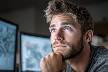 Thoughtful young professional man contemplating a project at his desk with computer screens in a modern office setting, highlighting focus, planning, and concentration