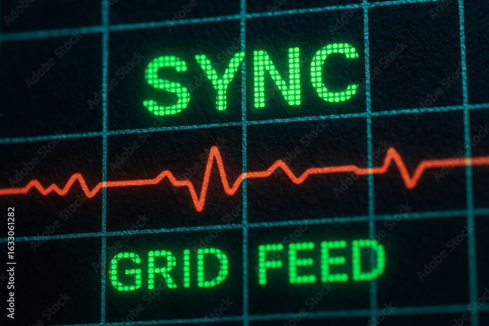 Poster sync grid feed concept on digital screen with energy sector engineering work data and technology int