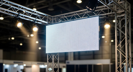 Blank LED Screen Display with Metal Trussing and Stage Lighting, Perfect for Events, Presentations, and Digital Advertising at Trade Shows and Conferences