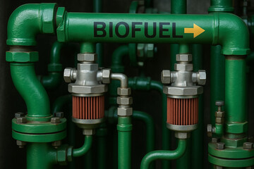 Biofuel pipeline with green metal pipes and filters represents engineering work in energy sector promoting sustainable fuel solutions