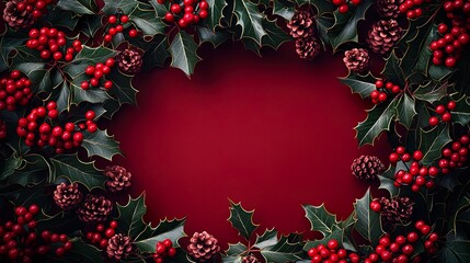 Festive Holiday Background with Holly Leaves and Red Berries Framing Deep Red Space for Seasonal Greetings
