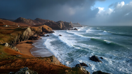 Fototapeta premium Stormy coastal panorama whispers tales of ancient shipwrecks, rugged Celtic retreat, Imbolc musings, gray waves caress amber sands