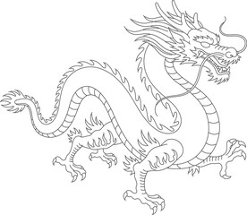 An intricate line art illustration of a traditional Chinese dragon, with a long, serpentine body, scales, claws,
