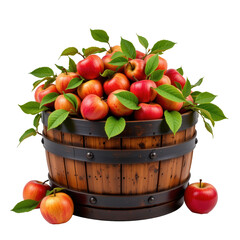 Fresh Red Apples in a Rustic Wooden Barrel with Green Leaves