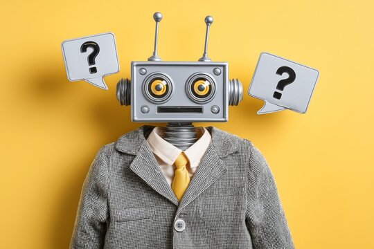 A playful robotic figure features a boxy head with expressive eyes and question marks in speech bubbles. Dressed in a smart gray suit and yellow tie, it stands out against a bright yellow backdrop.