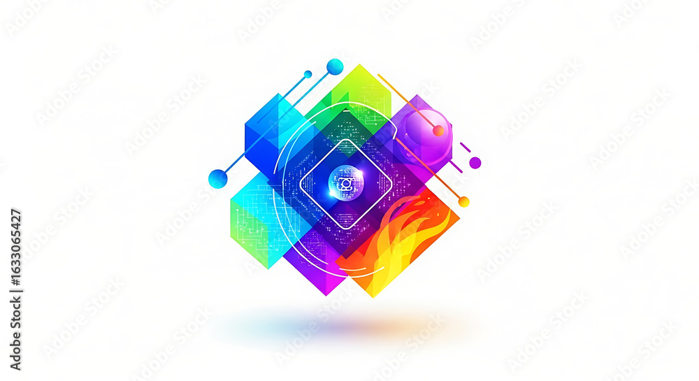 Aufkleber abstract colorful geometric design with cubes spheres and central digital square element on white