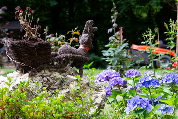 Garden Bunny Sculpture with Purple Hydrangeas in Bloom