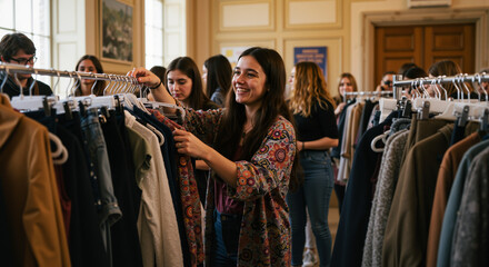 Young adults explore sustainable fashion choices at a community clothing swap event promoting environmental responsibility and mindful consumption practices for a greener future