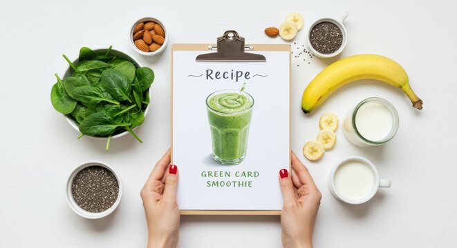 Healthy green smoothie recipe with fresh spinach almonds bananas and chia seeds for a vibrant and nutritious breakfast