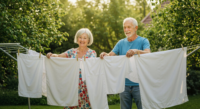 Joyful senior couple happily hanging laundry on a sunny day outdoors contributing to environmental well being