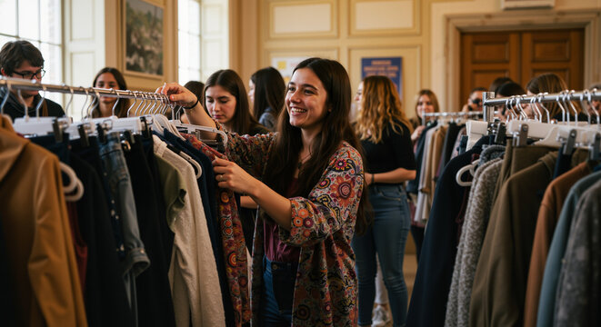 Young adults explore sustainable fashion choices at a community clothing swap event promoting environmental responsibility and mindful consumption practices for a greener future