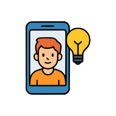 Flat style illustration of young boy on mobile phone with glowing bulb, concept of smart ideas and thinking