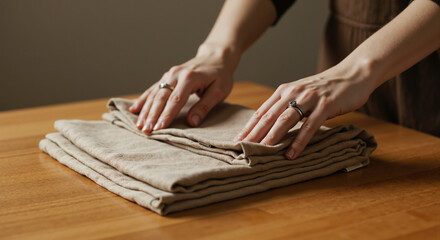 Hands neatly folding a stack of natural fiber textiles on a wooden surface promoting sustainable practices and environmental consciousness