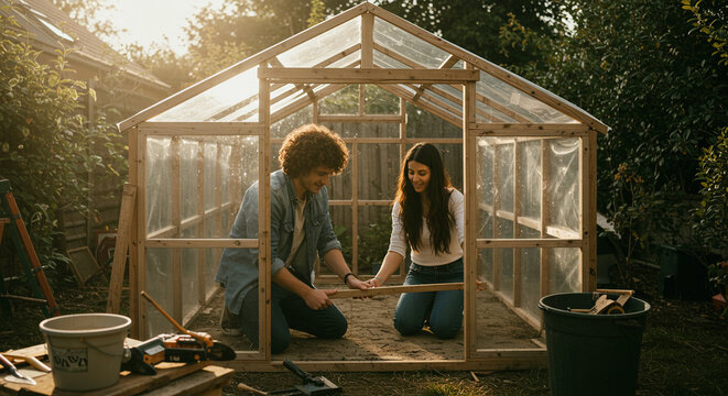 Young Couple Building a Wooden Greenhouse Together in Their Backyard Garden on a Sunny Afternoon