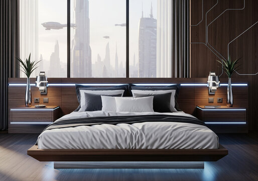Futuristic Bedroom with Floating Bed and Sci-Fi City View