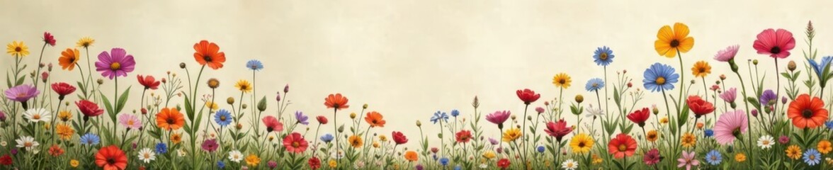 Intricate, densely packed wildflowers in muted tones on aged paper , wildflowers, vintage paper