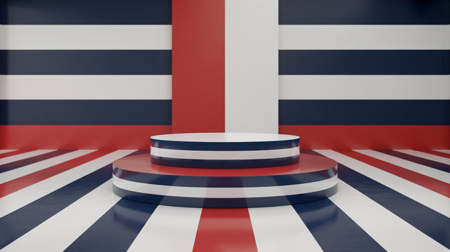 Three-dimensional abstract background with blue white and red colors and a podium for product placement