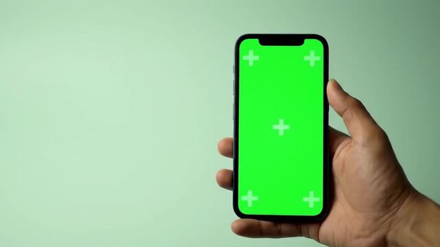 A hand holding a smartphone with a green screen, ready for digital content creation and customization