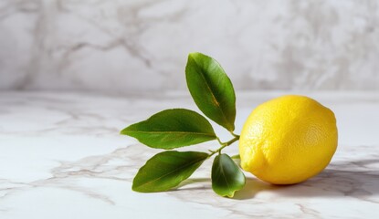 Fresh yellow citrus fruit rests on a cool marble with vibrant green leaves creating a bright and refreshing still life composition.