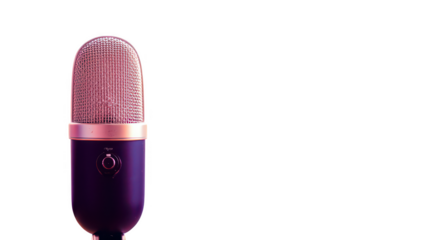 Close up of a vintage style condenser microphone with a pink grille isolated on transparent background