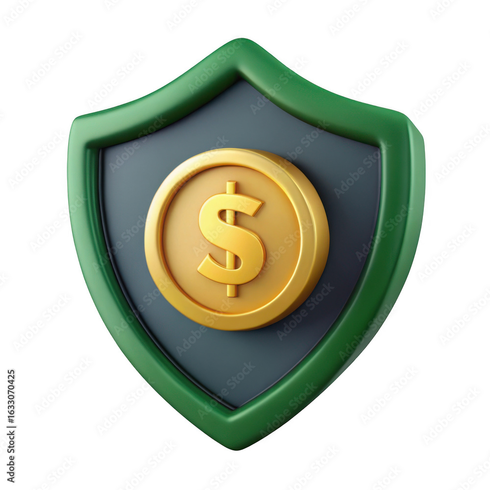 Poster 3d shield with dollar coin security symbol isolated on transparent background