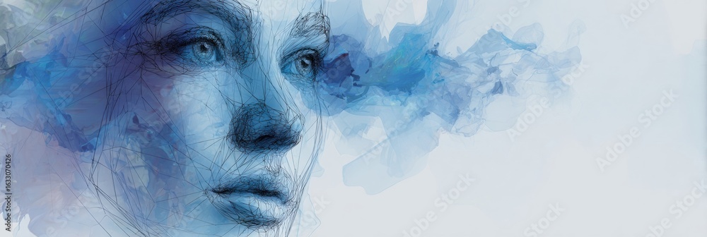Poster artistic representation of a serene face with blue abstract features in a minimalist style