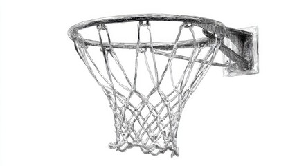 A detailed black and white sketch depicts a basketball hoop with a net, showcasing the sport's equipment and the game's essential components.