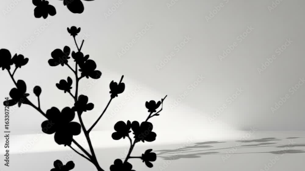 Poster silhouette of a flowering branch against a neutral background with soft shadows.