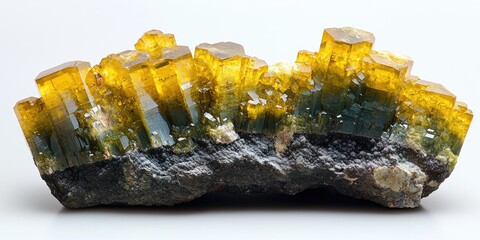 Cluster of vibrant yellow-gold crystals, with hints of green, atop a dark gray rock