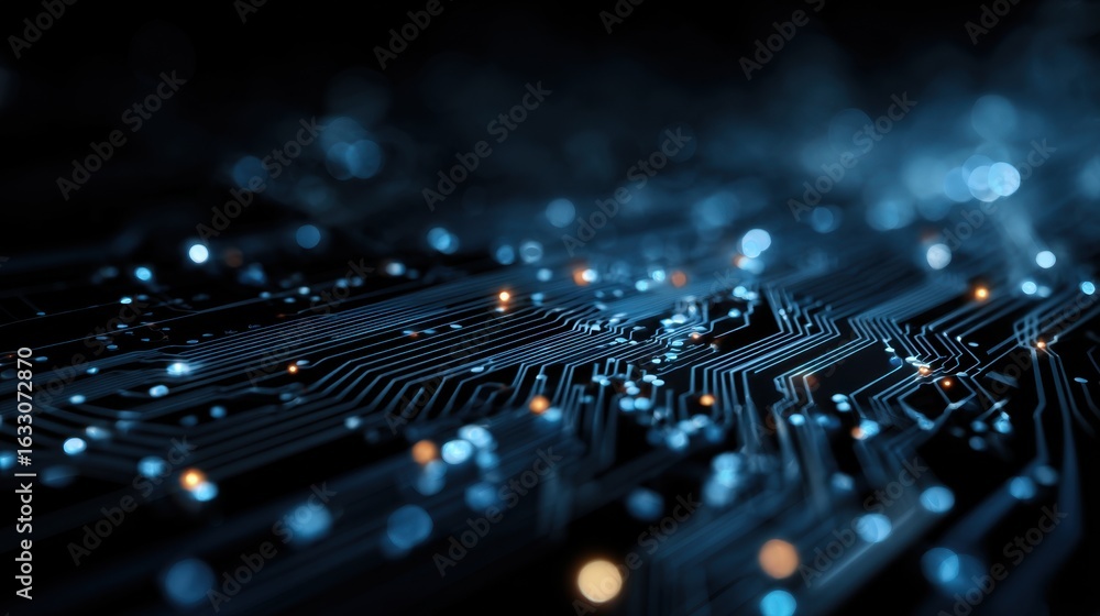 Poster a detailed close-up showcases the intricate network of circuits and glowing components on a modern e