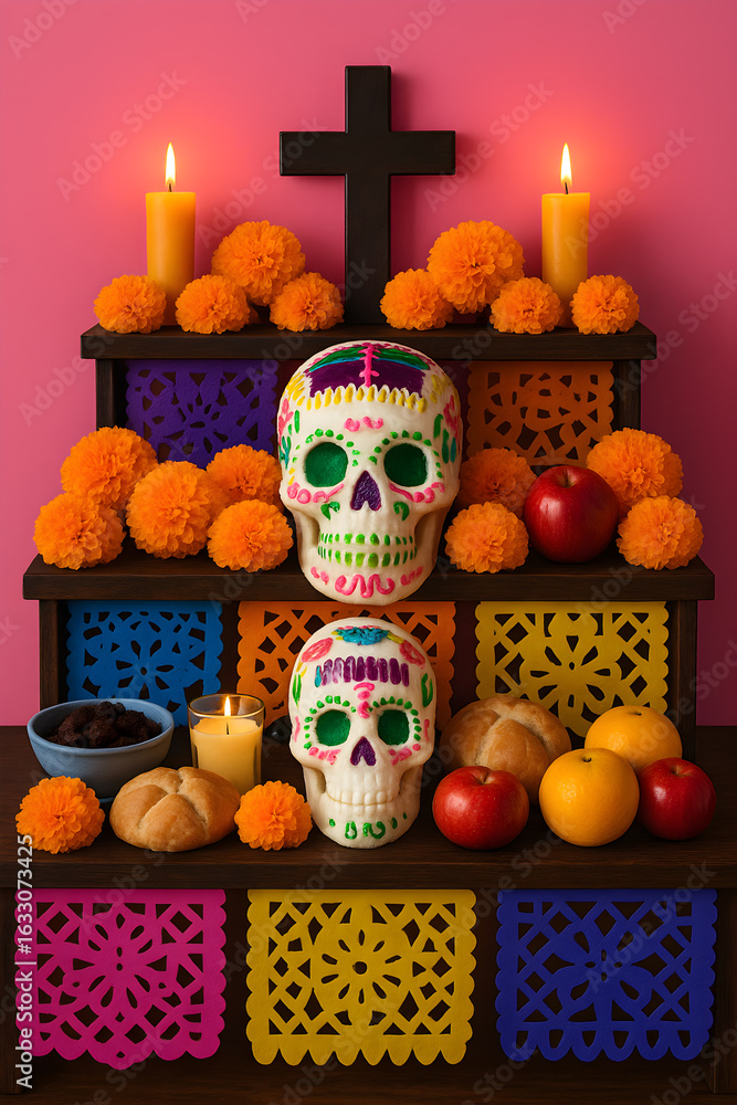 Poster a table with a cross and two skulls on top of it