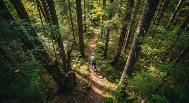Woman Mountain Biking on a Forest Trail, Adventure in Nature