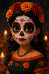 A girl with a flower headdress and a skeleton face