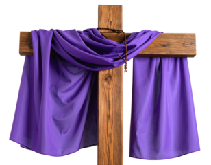 Cruz de Semana Santa de Madeira com Pano Roxo Drapeado