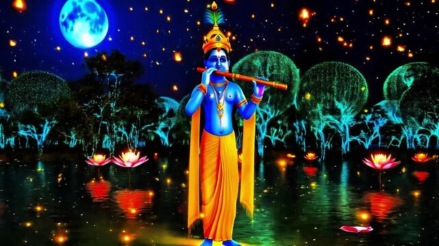 God Krishna playing flute in glowing mystical forest under blue moon on lake. Divine Hindu Lord performing music in serene, enchanted night. Spirituality, mythology, religion, India, Janmashtami