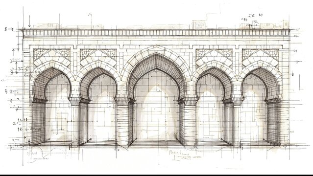 Architectural sketch of stone arcade with pointed arches planning