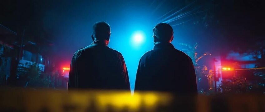 An image of a criminologist and police officer standing side by side at a crime scene while conducting a home investigation