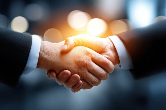 Professional handshake in a corporate business environment symbolizing successful partnership and mutual agreement against a blurred, glowing background