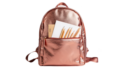 Rose gold metallic backpack with stationery items inside isolated on transparent background