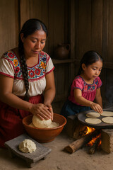 A woman and a child are making tortillas in a kitchen