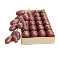 Bunch of 3D dates on stem arranged outside of box, with smooth reddish surface and highlight.
