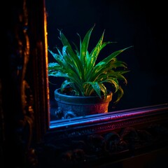  Neon Light with Green Indoor Plant. A lush green plant illuminated with colorful neon lighting, perfect for modern decor themes